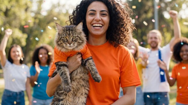 Woman with curly hair in orange shirt holds a cat while smiling, surrounded by people celebrating outdoors in a park with confetti falling