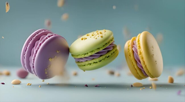 Three colorful macarons floating in the air with a light blue background and scattered nut pieces