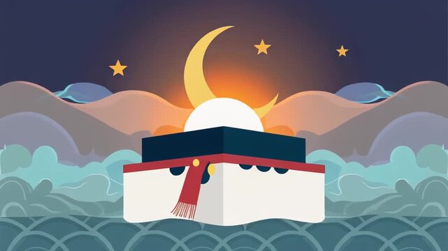 A serene mosque on a hill at night with a crescent moon and stars shining brightly in the sky, with a peaceful ocean and clouds in the background, possibly used for religious or cultural celebrations