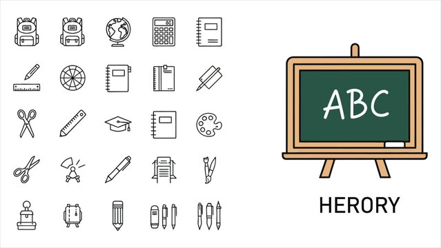 School Stationery & Educational Supplies Icon Set &ndash; Editable Stroke.