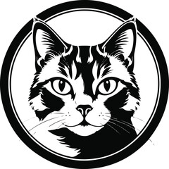 Obraz premium Pure black and white vector illustration of front-facing domestic cat head inside circular badge frame, bold clean outline, minimal detail 2