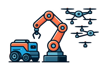 A detailed illustration featuring an orange robotic arm, a blue mobile warehouse robot, and several flying drones, representing advanced industrial automation and technology.