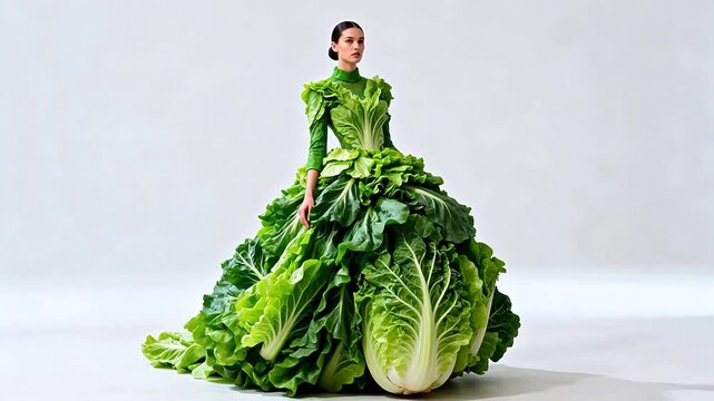 Model in Dress Made of Leafy Vegetables