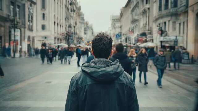 Man street city urban crowd walking outdoor people winter jacket solitude perspective, man crowd city street urban walking alone blurred motion jacket solitude people busy day outdoor male back focus
