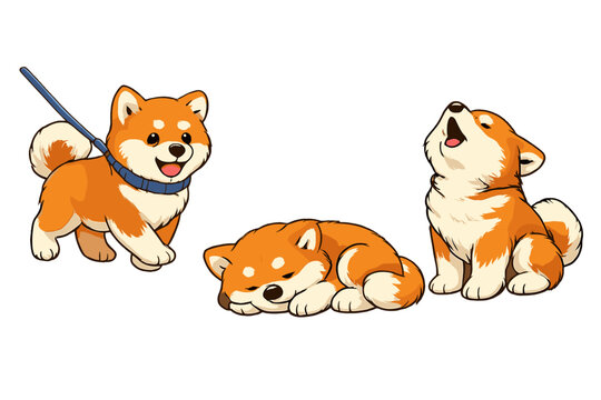 This digital illustration features three adorable Shiba Inu puppies in various poses: one walking on a leash, one sleeping peacefully, and one howling with its head tilted upward.