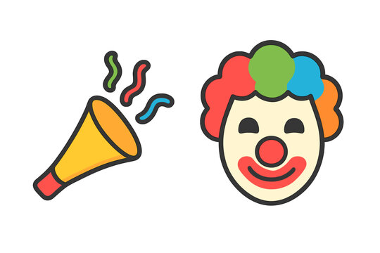 A flat cartoon illustration featuring a yellow party horn with colorful squiggles and a smiling clown face with multicolored hair, set against a solid black background.