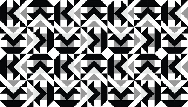 Modern grayscale architectural geometric design, repeatable pattern with complex arrows and triangular elements