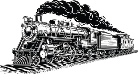 Vintage steam locomotive with coal tender and caboose, black and white engraving illustration, railroad tracks, thick smoke, historical transportation, industrial railway technology © Azizul360