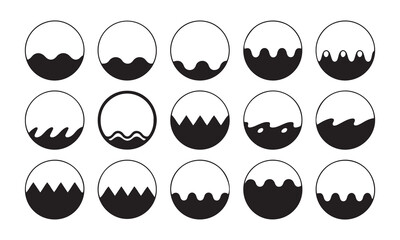 Monochromatic set of 15 circular icons illustrating abstract water wave patterns, bold black vector graphics.