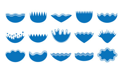 Assortment of 15 blue abstract shapes representing water waves and splash-like forms, ideal for graphic design elements.