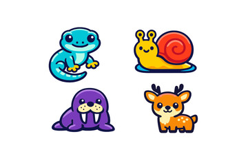 Obraz premium A collection of four cute cartoon animal illustrations including a blue lizard, a yellow snail, a purple walrus, and an orange deer, all set against a solid black background for design.