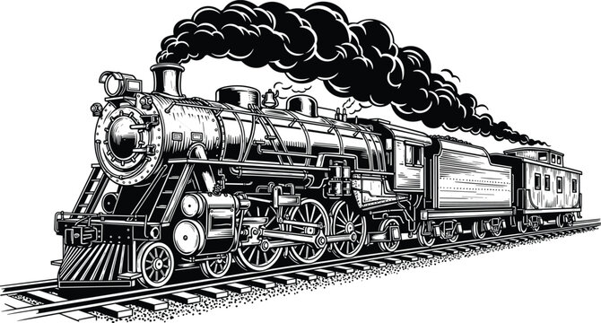 Vintage steam locomotive with coal tender and caboose, black and white engraving illustration, railroad tracks, thick smoke, historical transportation, industrial railway technology