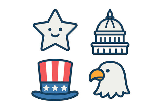 A set of four flat vector icons featuring a smiling star, the United States Capitol building, a patriotic top hat with stripes and stars, and a bald eagle head on a black background.