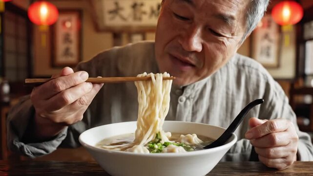 Asian man eating noodles with chopsticks in a restaurant