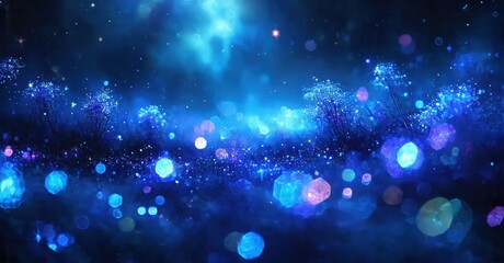 Fototapeta premium Vibrant blue landscape. Glowing orbs, distant trees, dreamy atmosphere. Stars shimmer, creating magical scene. Deep blues dominate.
