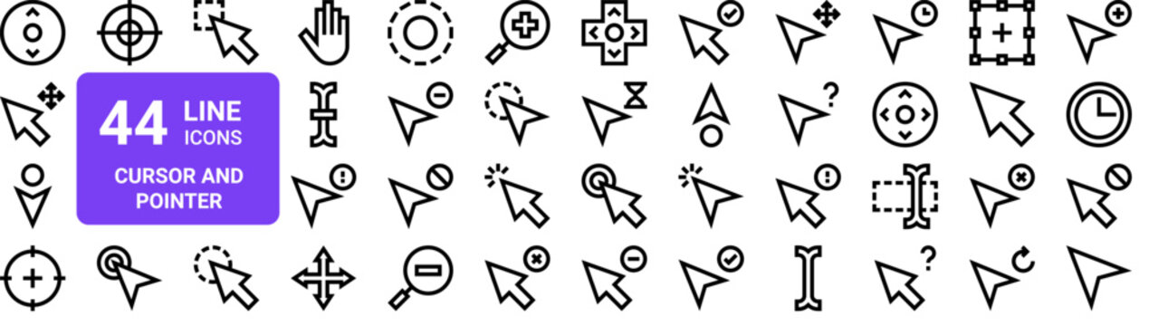 Set of 44 thin line cursor and pointer web icons. Outline vector illustration with click, select, arrow, hand, and navigation symbols for UI and interface design