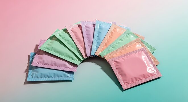 Colorful condom packages arranged on gradient background
