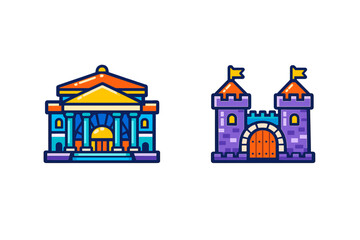 Naklejka premium This illustration features two vibrant icons: a classical temple with columns and a medieval castle with twin towers and flags, both rendered in a bold flat vector style.
