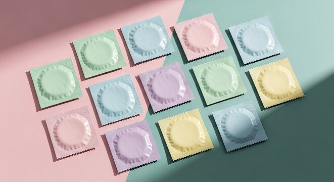 Colorful condom packaging arranged on pastel surface healthcare concept