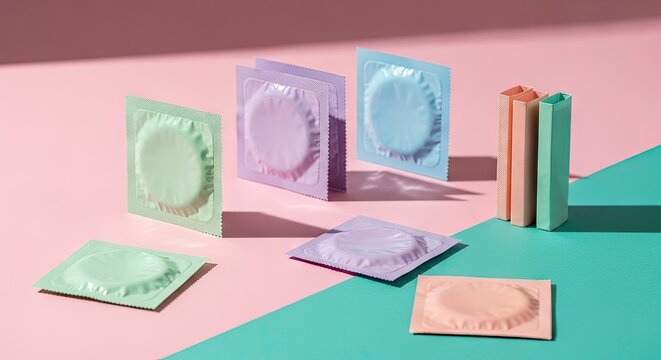 Colorful condom packaging arranged on pink and teal surface for healthcare