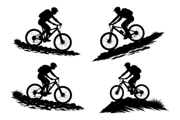 Fototapeta premium Silhouettes of cyclists in dynamic mountain biking poses.