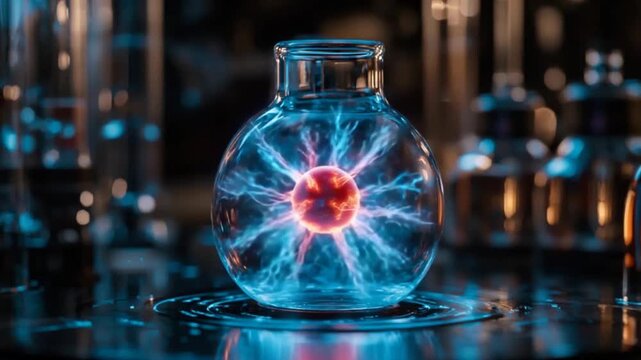 A glowing, vibrant orb within a laboratory flask, set against a backdrop of scientific equipment.