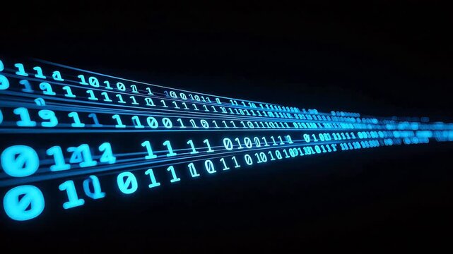Glowing blue binary code streams flowing in dark digital space &mdash; futuristic data transmission, cybersecurity, AI, and computing concept for tech backgrounds