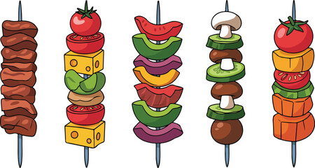 Title 1: Grilled Kebab Skewers Outline Icons  Meat, Cheese & Veggies © MSTZOWRON