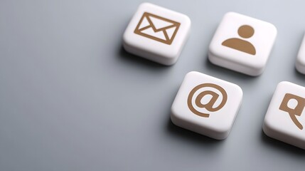 Minimalist icons for email contact and web interaction presented on white blocks on a neutral grey background