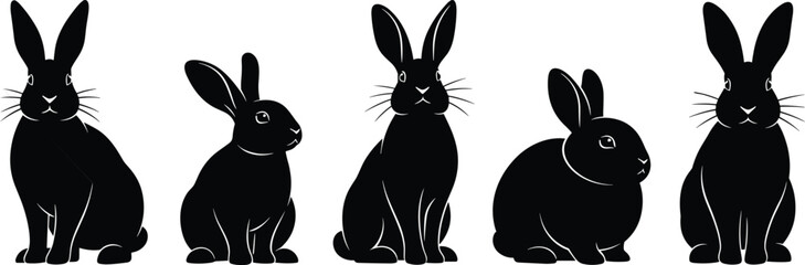 Fototapeta premium Black rabbit silhouette set featuring cute bunnies in various sitting and alert poses isolated on white for spring nature animal design
