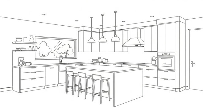 Modern Kitchen Design Sketch with Island and Cabinets.
