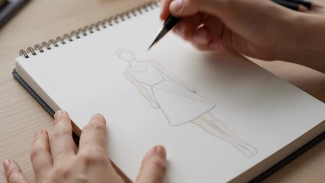 Fashion designer artist drawing sketch of a dress in sketchbook with brush