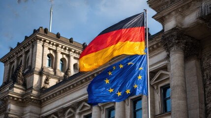 German and European flags wave in front of historic building on clear day Generative AI