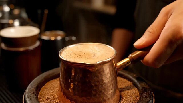Copper Coffee Pot Heating Over Sand Bed in Rustic Kitchen