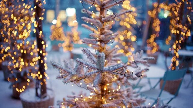 Close up of a small Christmas tree covered in snow and decorated with warm string lights outdoors