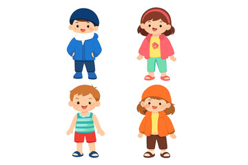 Four cute cartoon children are illustrated wearing different seasonal outfits, including winter jackets, summer tank tops, and warm hats, presented in a colorful and friendly style.