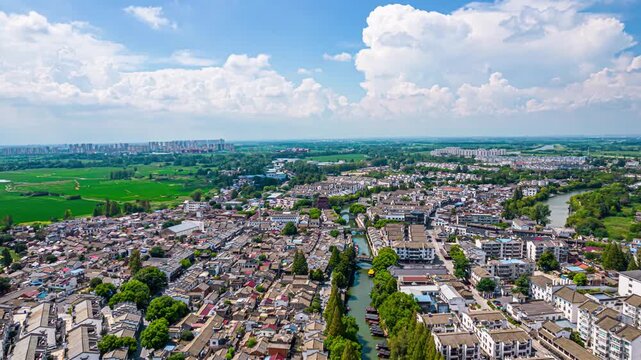 Sanhe Ancient Town Aerial View with River and Green Fields, Hefei China