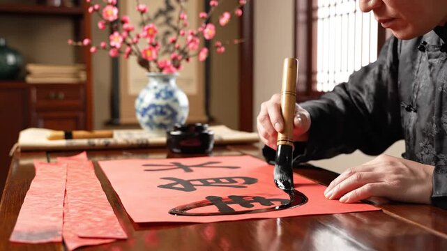 Man practicing traditional Chinese calligraphy on red paper