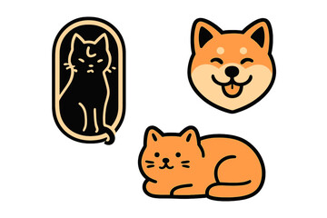 Fototapeta premium A collection of three stylized pet illustrations featuring a mystical black cat in an oval frame, a smiling Shiba Inu dog head, and a cute orange cat lying down on a black background.