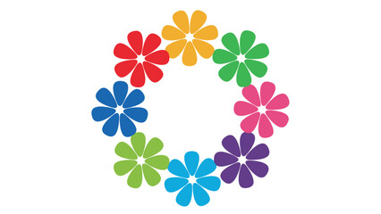 Fototapeta premium Colorful wreath formed by a circle of vibrant eight-petal flower icons in various shades like red, yellow, green, blue, purple, and orange.