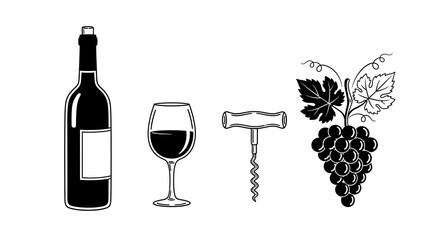 Black & white wine-themed illustration featuring a bottle, glass, corkscrew, and grapes