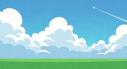 Fototapeta premium A serene landscape with fluffy white clouds and a jet flying high