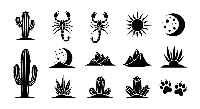 Black and white desert-themed vector icons. Elements include cacti, scorpions, celestial bodies, and crystals