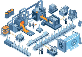 Obraz premium Industrial manufacturing process illustration showing machinery, workers, and production flow in a factory setting from an aerial viewpoint