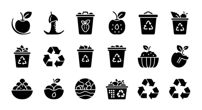 Black and white icons of food waste and recycling symbols