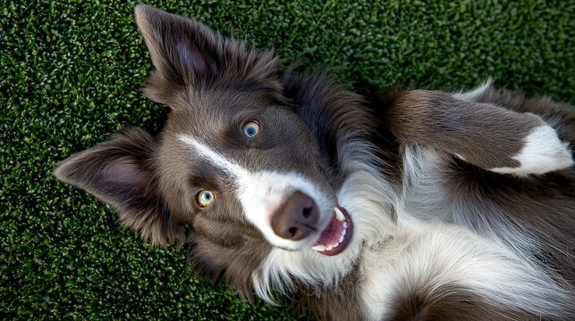 Playful canine companion relaxes on bright green artificial turf viewed from above