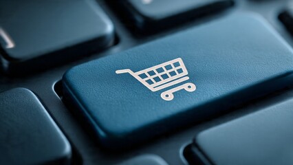 Obraz premium Macro Shot of Online Shopping Cart Icon on Computer Keyboard Button