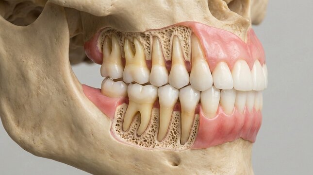 Human teeth anatomy close up, upper and lower jaw meeting, dental care
