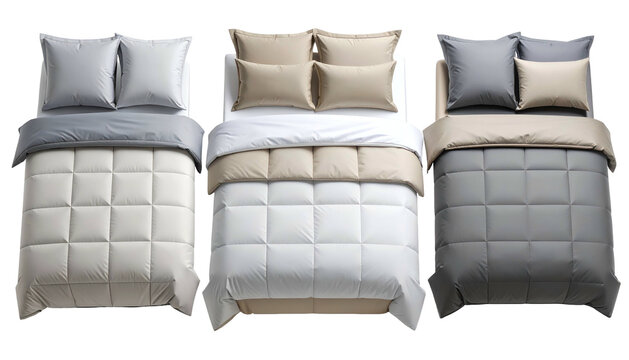 Three beds, each with matching pillows, duvet, and coverlets in different neutral colors