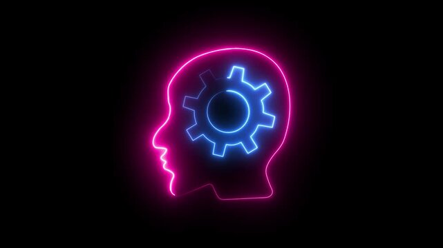 A neon outline of a human head with a gear inside, which is a common visual representation.4k video